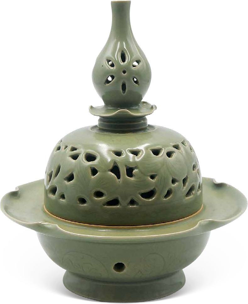 A Yueyao Olive Green Covered Incense Burner · Song Dynasty (960-1279)
